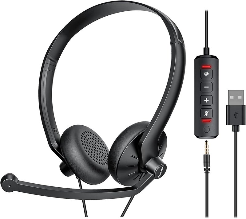 FEABASK USB Headset with Microphone for PC Laptop - Wired Computer Headphones with Noise Cancelling Microphone for Home Office Online Class Skype Zoom Meetings,in Line Mute Controls - Image 1